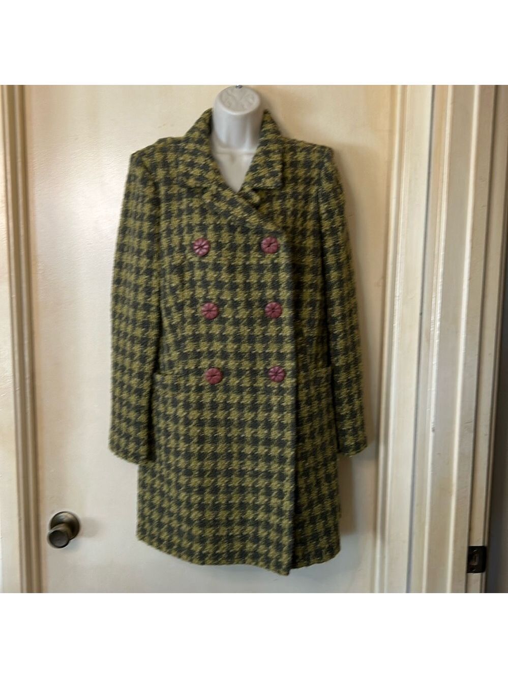 INC Green/gray plaid double breasted overcoat size M - Picture 1 of 8